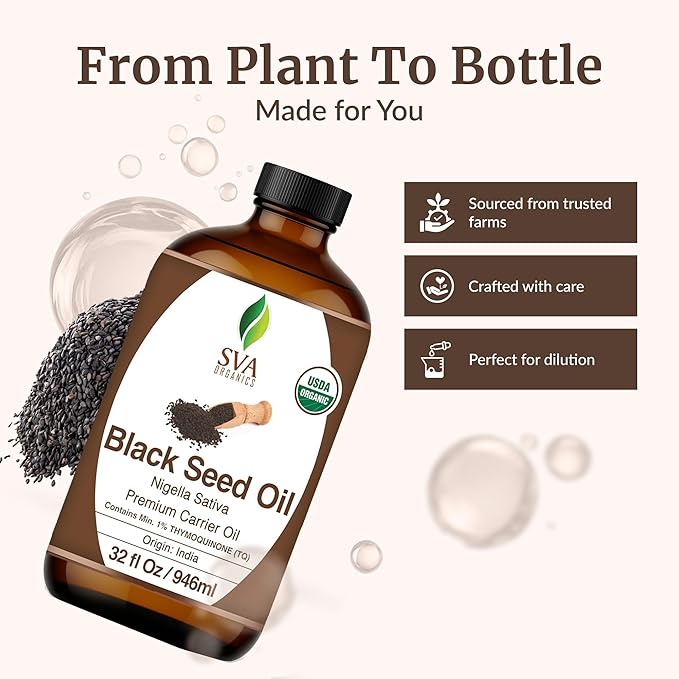 SVA Black Seed Oil Organic - 32 Fl Oz – 100% Natural Cold Pressed Organic Black Seed Oil - for Face, Skin Care, Hair Care, Scalp Massage & Body Massage – Carrier Oil