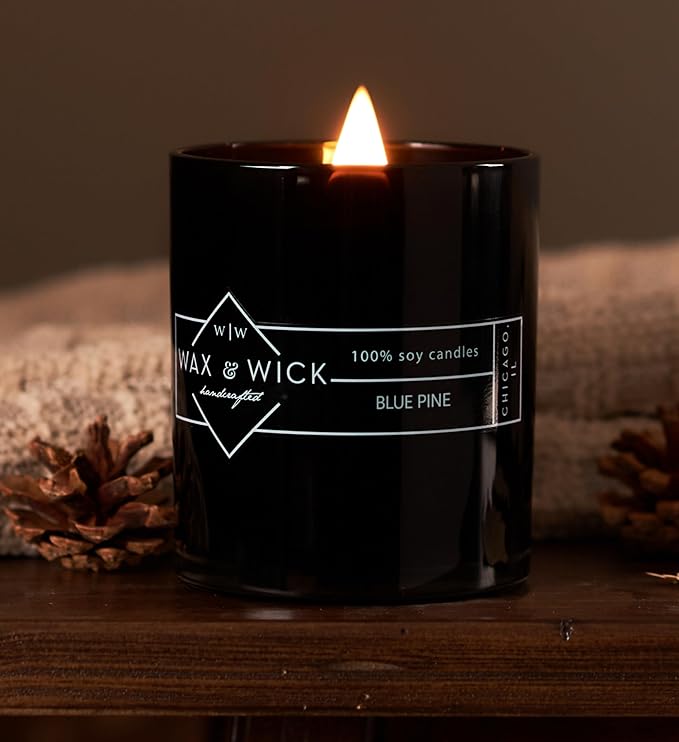 Wax and Wick 12oz Scented Candle for Men, 100% Soy Wax, Double Wood Wick, Black Jar, Blue Pine Scent, Long Lasting, Masculine Scents, Perfect for Home, Mancave, Bachelor Pad, Men's Gift - Made in USA