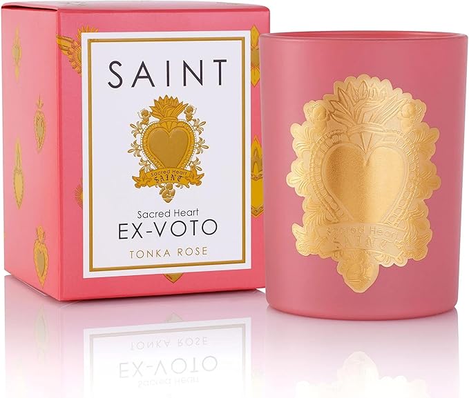 SAINT Ex-Voto Sacred Heart Devotional Scented Candle with Prayer Coin, Tonka Rose Soy Coconut Aromatherapy Candle with 80 Hour Burn Time, Collector Series Edition II (Pink)