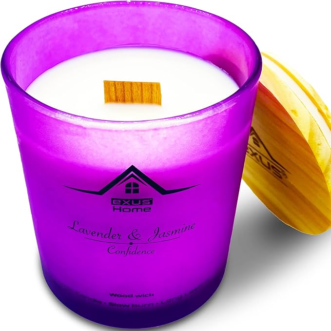 Exus Hand Crafted, Soy Wax, Wood Wick, Aromatic Candle. Non-Toxic (Lavender & Jasmin/Confidence)