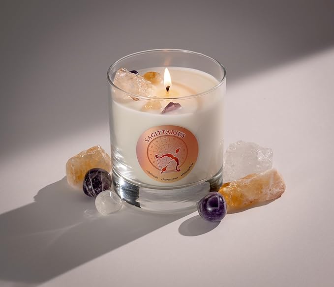 Luxury Glass Jar Candle, Sagittarius Zodiac Sign, 8.8 oz - Crystal Infused - Scents of Scent:Pomegranate, Peppercorn, Cedar, & Patchouli - Coconut-Soy Wax, Essential Oil, Dr. Developed