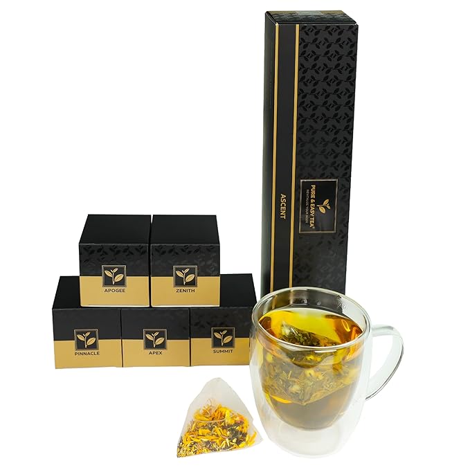 Pure And Easy Tea, Ascent Premium Tea Sampler, 15-Count Whole-Leaf Variety of Naturally Caffeinated Blends, Designed for Focus & Clean Energy, BPA-Free Pyramid Tea Bags, Gift Box (52.5g)