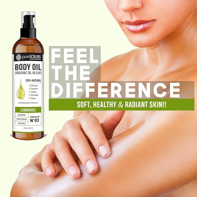 pureSCRUBS Ultra Moisturizing Lemongrass Body Oil Spray for Dry Skin, Massage, & More, Organic Super Blend of Jojoba, Argan, Coconut, Sweet Almond & Avocado Oils Enriched with Vitamin E, Lg 4oz