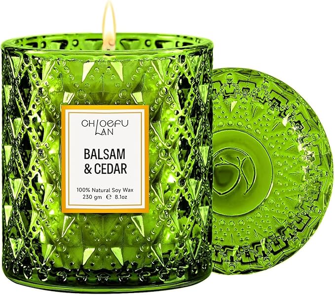 Chloefu LAN Balsam & Cedar Scented Candle Christmas Candles Gift, Christmas Festival Gifts, Large Luxury Scented Soy Jar Candles with up to 55 Hour Long Lasting, Highly Scented, 8.1oz