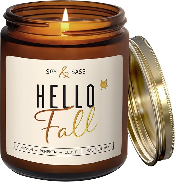 Fall Candles - 'Hello Fall Scented Candle' w/Cinnamon, Pumpkin & Fir I Infused with Essential Oils Autumn Scented Soy Candles for Home Décor, 9oz Reusable Jar, 50Hr Burn, Made in USA