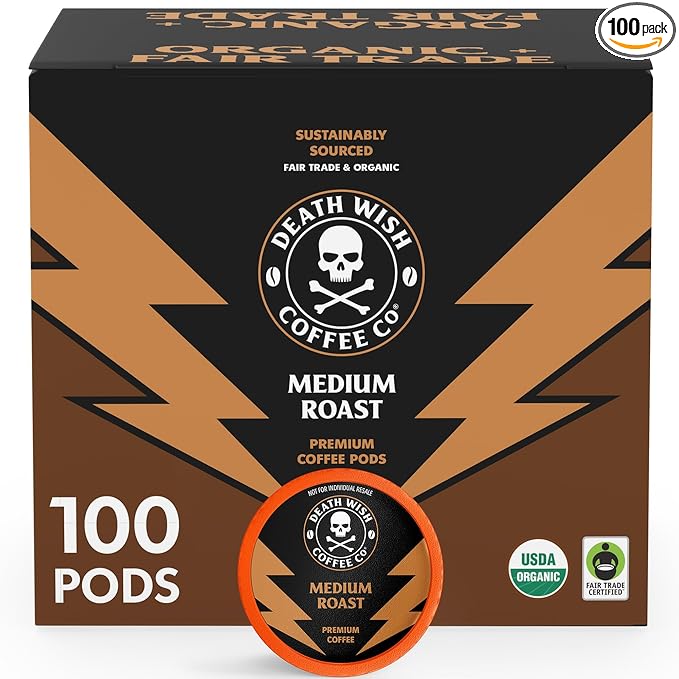 Death Wish Coffee - Single Serve Pods - Medium Roast Coffee Pods - Made with USDA Certified Organic - 100 Count (Pack of 1)
