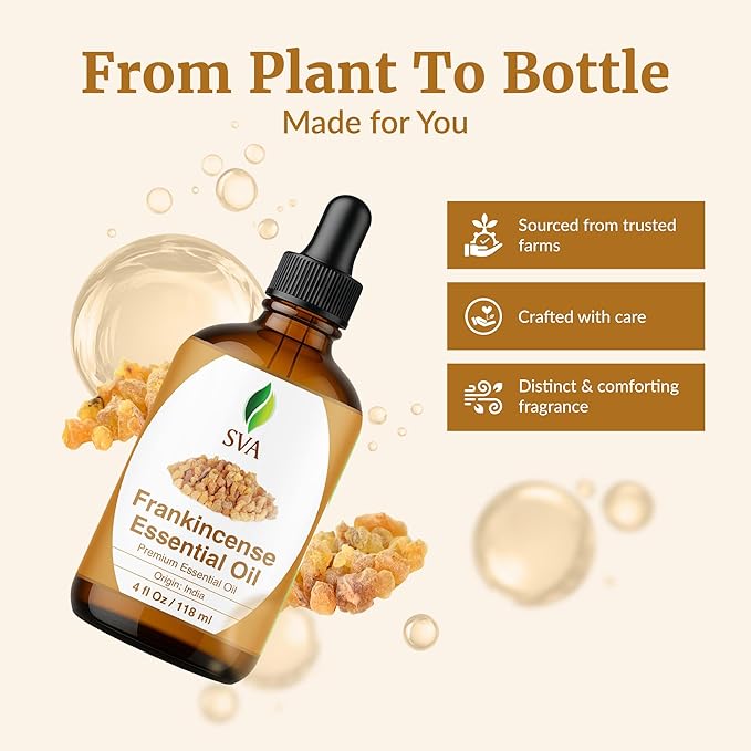 SVA Frankincense Essential Oil – 4 Fl Oz – 100% Natural Boswellia Serrata Oil - for Diffuser, Hair Care, Face, Skin Care, Aromatherapy, Scalp and Body Massage, Soap and Candle Making – with Dropper