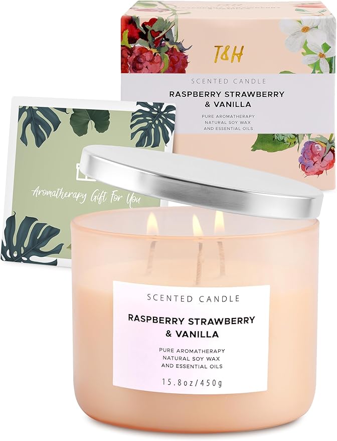 Raspberry Strawberry Vanilla 3-Wick Scented Soy Candle 15.8 oz | Large Sweet Berry Vanilla Scented Candle for Home | Stress Relief & Relaxing Aromatherapy Candle | Strong Throw & Long-Lasting