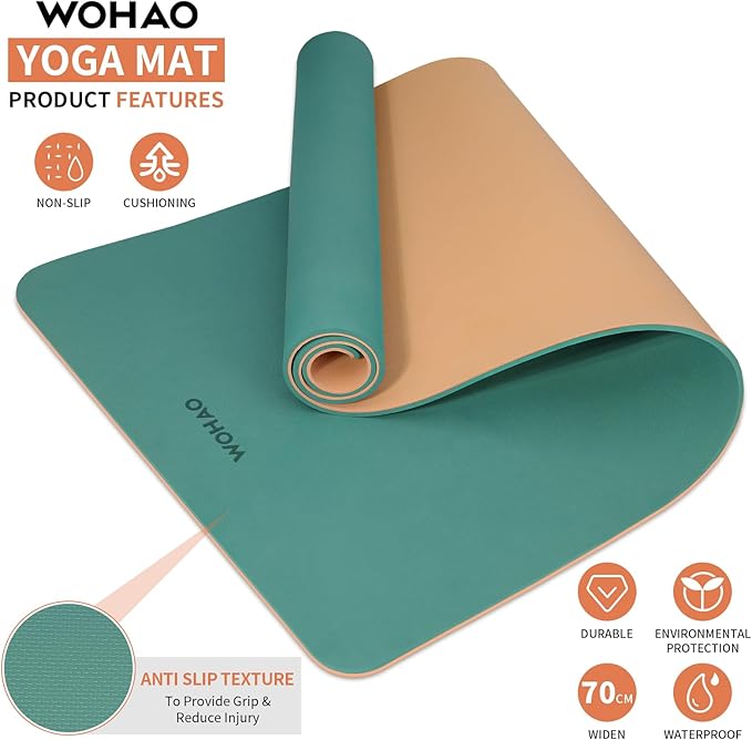 WOHAO Extra Thick 8mm Yoga Mat, 72"x28" Non Slip Exercise Mat, Reversible 2-Sided Dual Color Premium POE Material, with Carrying Strap for Yoga, Pilates, Home Gym