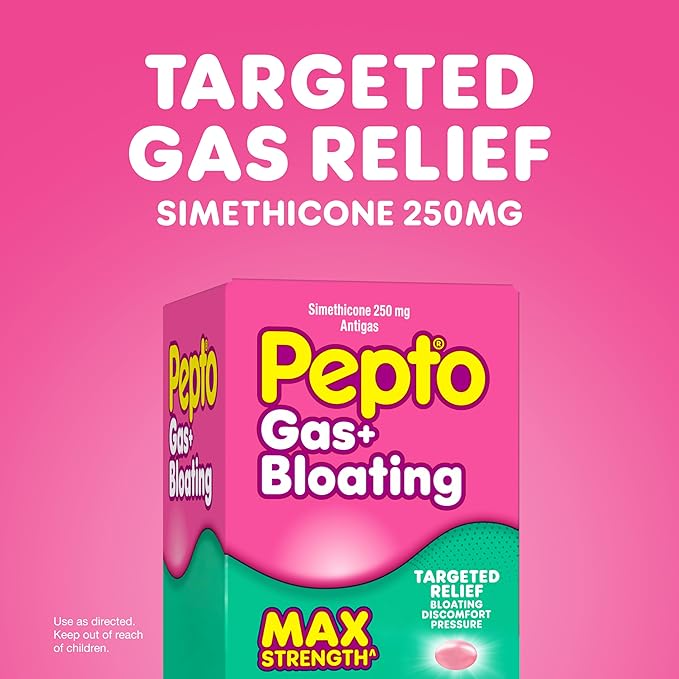 Pepto Gas + Bloating, Simethicone 250 mg Softgels, 50 Count, Gas Relief for Adults, Anti Gas and Bloating, Gas Relief Maximum Strength