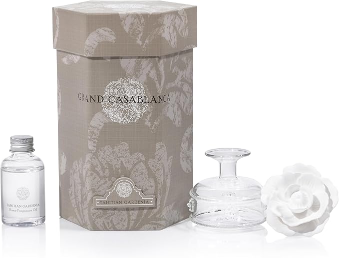 Zodax Grand Casablanca Porcelain Oil Diffuser - Home Fragrance Oil Diffuser Ideal for Living Room, Bathroom, Office - Flower Design - Gift Box Packaging Included - Tahitian Gardenia - 1.69 Oz.