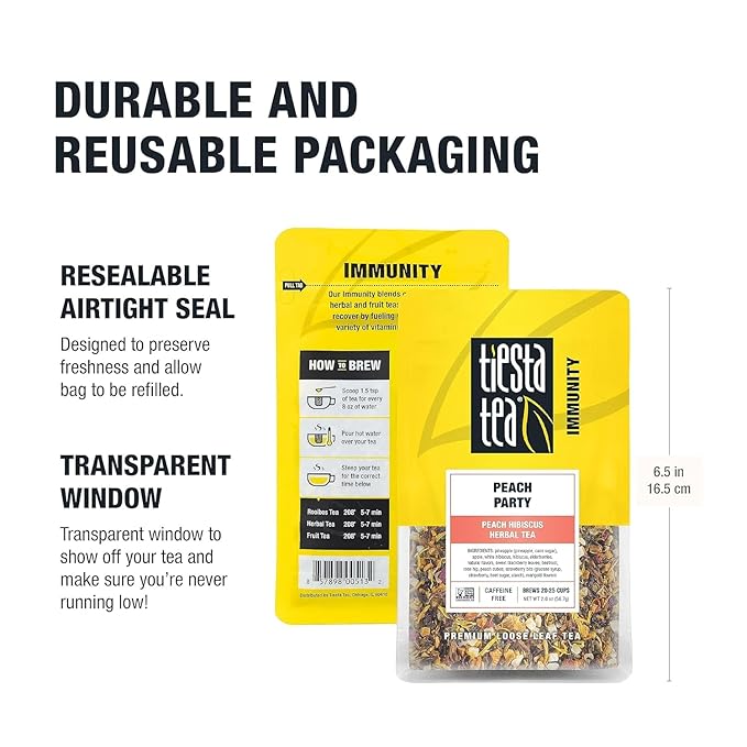 Tiesta Tea - Peach Party, Loose Leaf, Peach Hibiscus Herbal Brew, Premium Blend, Non-Caffeinated Fruit Blend, Makes Hot or Iced & Up to 25 Cups, 2oz Resealable Pouch