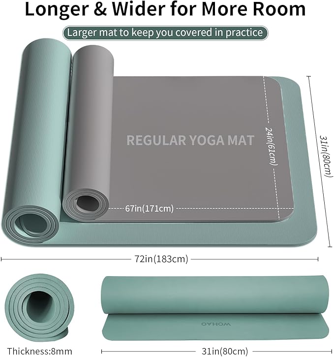 WOHAO Extra Wide & Thick 8mm Yoga Mat, 72"x31.5" Large Non Slip Exercise Mat, Premium POE Material for Superior Cushioning & Stability, with Strap for Home Gym, Pilates