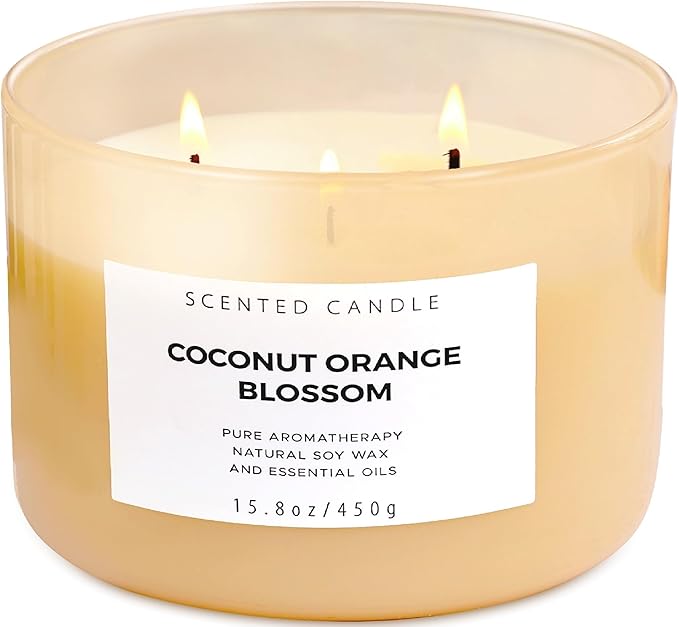 Coconut Orange Blossom 3 Wick Soy Candle, 15.8 oz - Tropical Coconut Scented Candle for Aromatherapy Stress Relief - Clean Burning, Long Lasting, Highly Scented Soothing Candles for Home