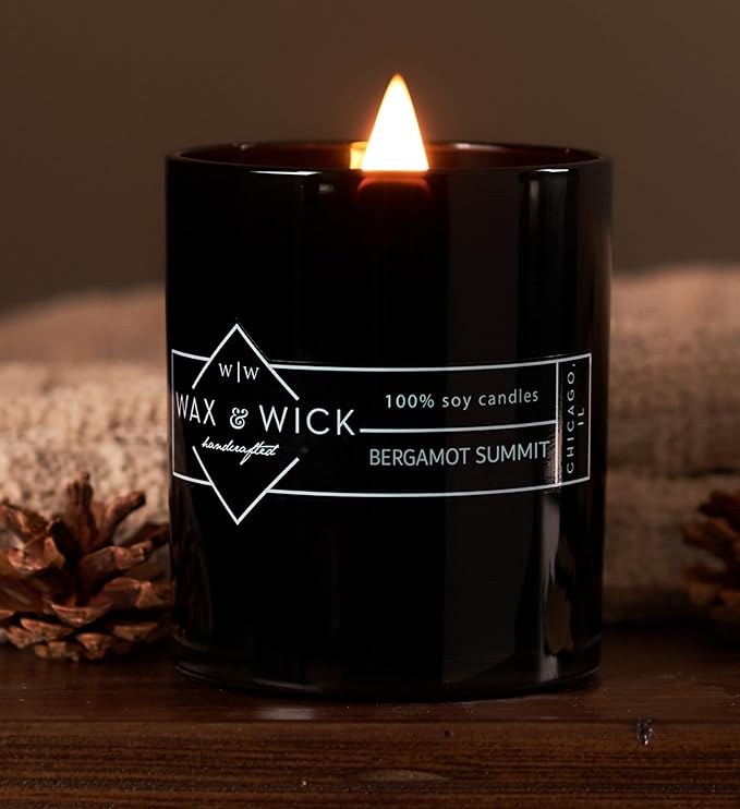 Wax & Wick 12oz Scented Candle for Men, 100% Soy Wax, Double Wood Wick, Black Jar, Bergamot Summit Scent, Long Lasting, Masculine Scents, Perfect for Home, Mancave, Bachelor Pad, Men's Gift - USA Made