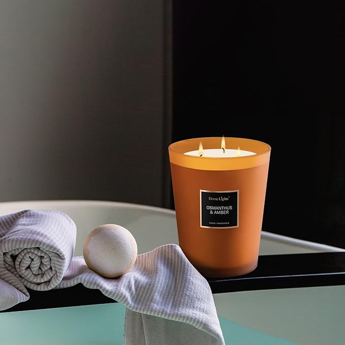 HomeLights Large Jar Candle-33.3 Oz. Natural Soy Aromatherapy Candle | Osmanthus Amber Scent | Up to 130 Hours Burn Time with 3 Cotton Wicks | Home Decorative Fragrance Candle Gift