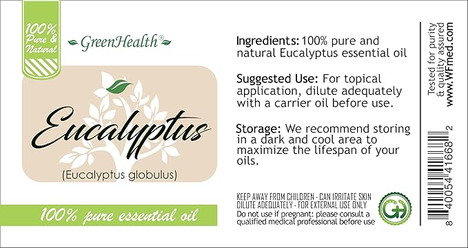 GreenHealth Eucalyptus Essential Oil – 32 fl oz (946 ml) – 100% Pure & Natural – Bulk Aromatherapy Oil in Aluminum Bottle – for Diffuser, Cleaning, Air Freshener, Home Fragrance