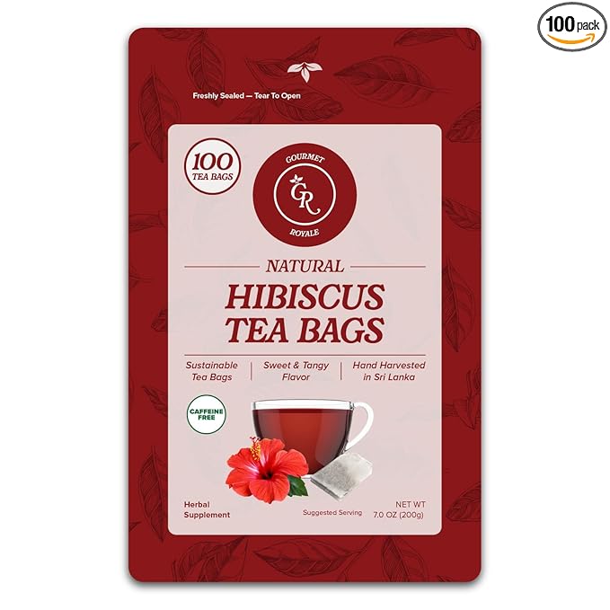 Gourmet Royale Hibiscus Tea, 100 Count, Sustainable Tea Bags, Pure Hibiscus Flowers, Caffeine & Sugar Free, Non-GMO & Vegan, Grown in Sri Lanka, (Pack of 1)