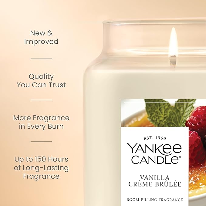 Yankee Candle Vanilla Crème Brûlée, Holiday Scented Candle, 22oz Large Jar with up to 150 Hour Burn Time, Giftable