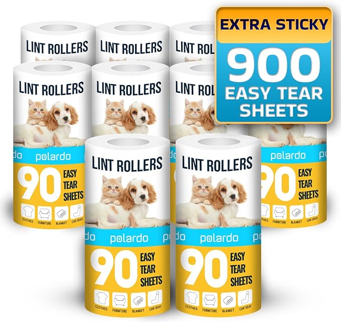 Lint Rollers 900 Sticky Sheets, 10 Spare Rollers,10 Pack of Refills Only. Pet Hair Remover for Clothes, Furniture, Couch, Carpet, Dog Hair Remover, Cat Hair Remover, Animal Fur, Fuzz