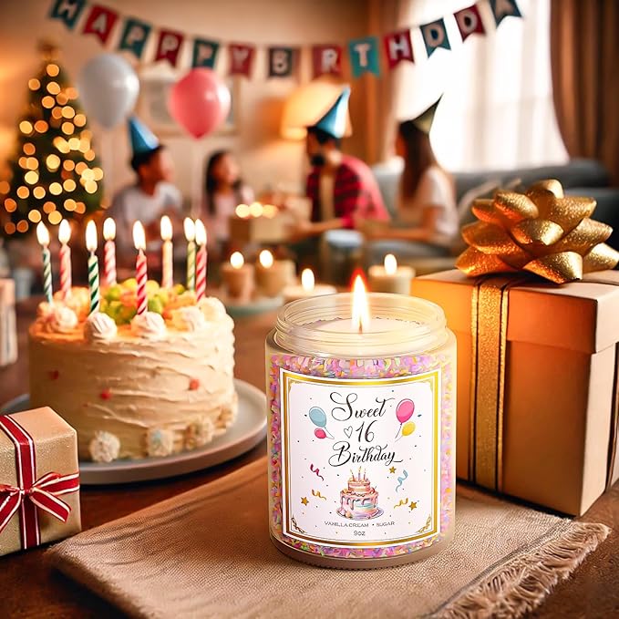 Sweet 16 Birthday Candles for Women - 9 oz Happy Birthday Candle with Vanilla Birthday Cake Scent, Gifts for Women & Men, Friendship Ideas