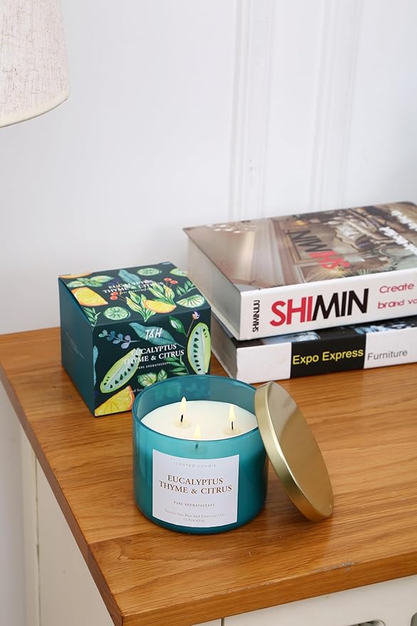 Eucalyptus Thyme Citrus 3-Wick Soy Scented Candle, 15.8 oz Large | Scented Candles for Home | Spa Aromatherapy Eucalyptus Candle