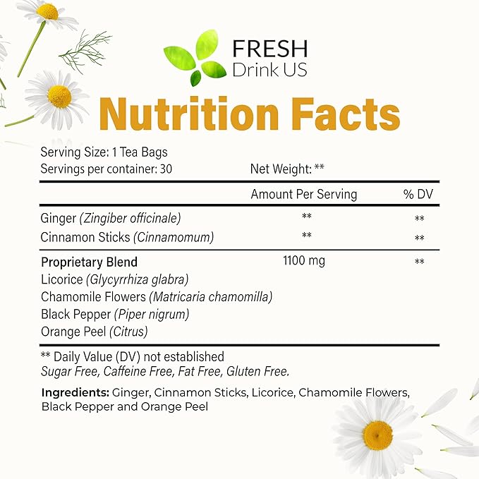 FreshDrinkUS, Premium 30 Tea Bags Immune Support Herbal Tea, Ginger, Cinnamon, Chamomile, Licorice Root, Black Pepper and Orange Peel – 100% Natural, Caffeine-Free, Vegan