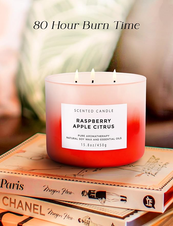 Large 3 Wick Soy Candle 15.8 oz - Raspberry Apple Citrus Scented Candle with Cranberry & Warm Cinnamon - Clean Burn, Long Lasting - Aromatherapy Candle for Relaxation & Stress Relief