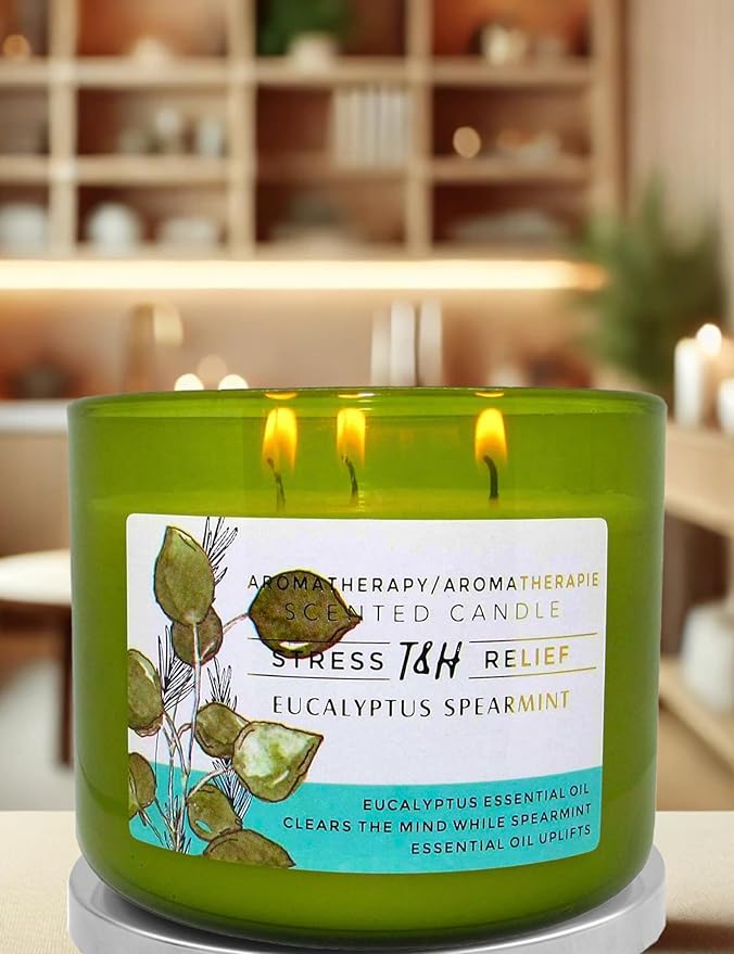 Eucalyptus Spearmint Aromatherapy Candle 3-Wick | Soy Scented Candle for Home 15.8 oz | Stress Relief Candle | Spa Candles Gift for Relaxation, Men & Women | Long Lasting Eucalyptus Candles