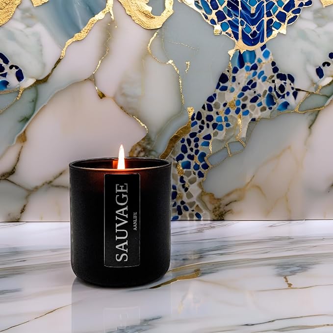 AANLIFE Sauvage Scented Candle for Men, Masculine Fragrance Inspired by French Cologne, Organic Wax 50H Burn, Gift for Dad Husband Boyfriend, Glass Jar with Lid, 8 oz, USA