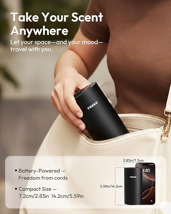 Waterless Essential Oil Diffuser – Portable Aromatherapy Diffuser with 20mL Capacity, 3 Timer & Mist Modes, Battery Operated Scent Air Machine for Home, Office, Car – Black