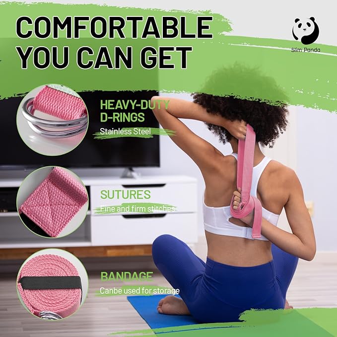 Slim Panda Yoga Strap for Stretching,Cotton Yoga Strap with Adjustable D-Ring Buckle,Non-Elastic Yoga Belt for Pilates,Gym Workouts,Physical Therapy,Improve Flexibility