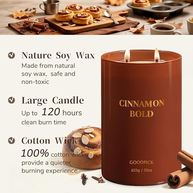 Goodpick Cinnamon Bold Scented Soy Candle, 22oz Long Burning 120H, Warm Spicy Vanilla Clove Gourmand, Home Aromatherapy Candles