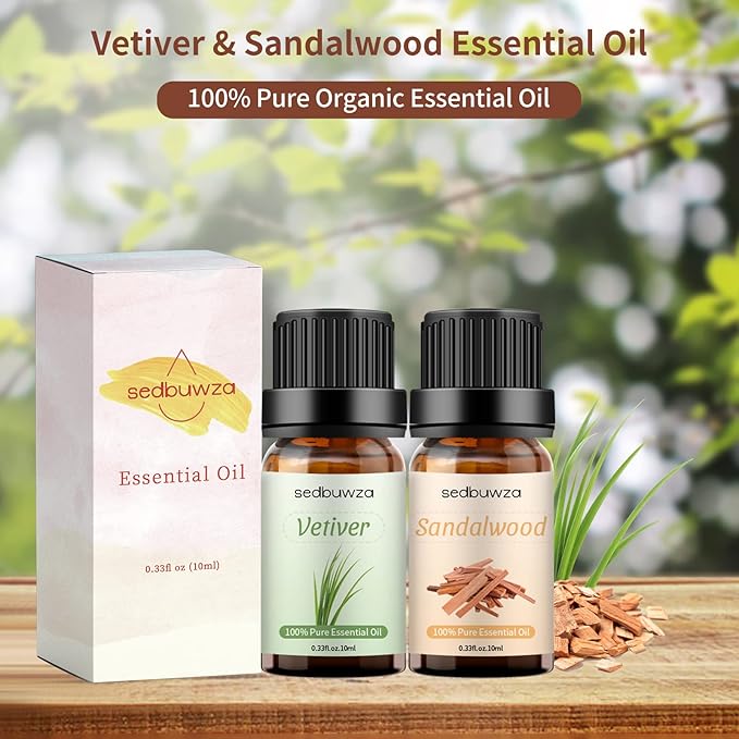 Sedbuwza Sandalwood Vetiver Essential Oil Set, Sandalwood Fragrance Oil Vetiver Scent Oil Set for Diffuser, Aromatherapy, Massage, Soap, Candle Making 2 x 10 ml