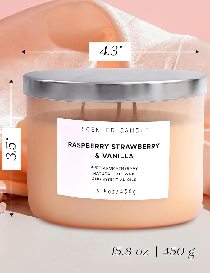Raspberry Strawberry Vanilla 3-Wick Scented Soy Candle 15.8 oz | Large Sweet Berry Vanilla Scented Candle for Home | Stress Relief & Relaxing Aromatherapy Candle | Strong Throw & Long-Lasting