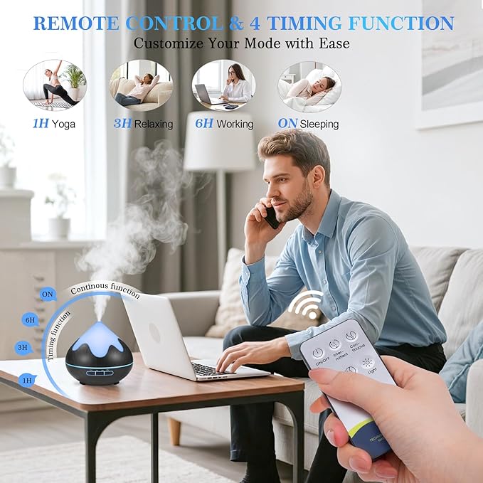 500ML Essential Oil Diffuser, Aromatherapy Diffuser with Remote Control, Multifunctional Air Diffusers for Home Office Room, Fragrance Aroma Diffuser with 7 Color LED & 2 Mist Mode, Black