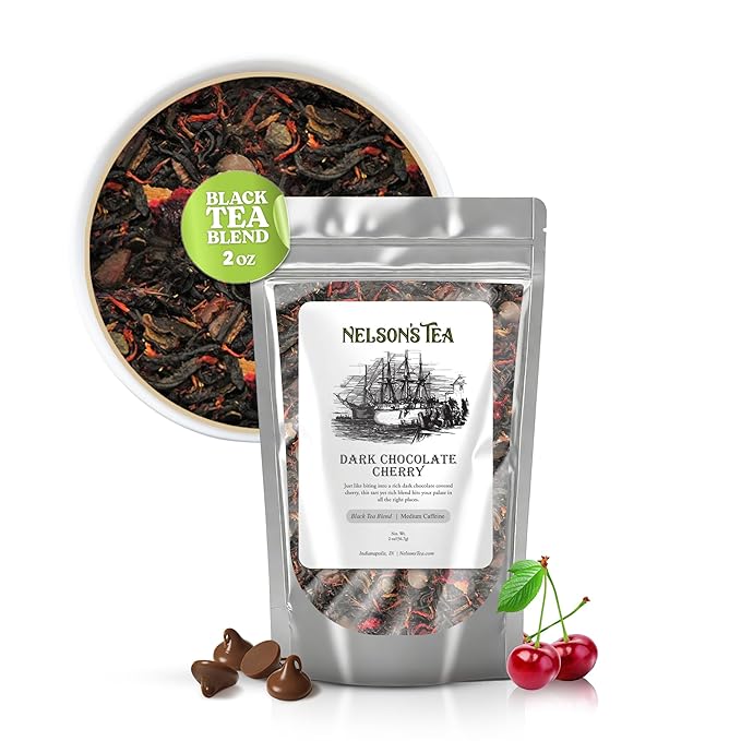 Nelson's Tea Dark Chocolate Cherry - Rich blend of Pu-erh Black Tea, Chocolate Chips, Wild Cherry Bark, Dried Cherries Herbal Loose Leaf Tea- 2oz