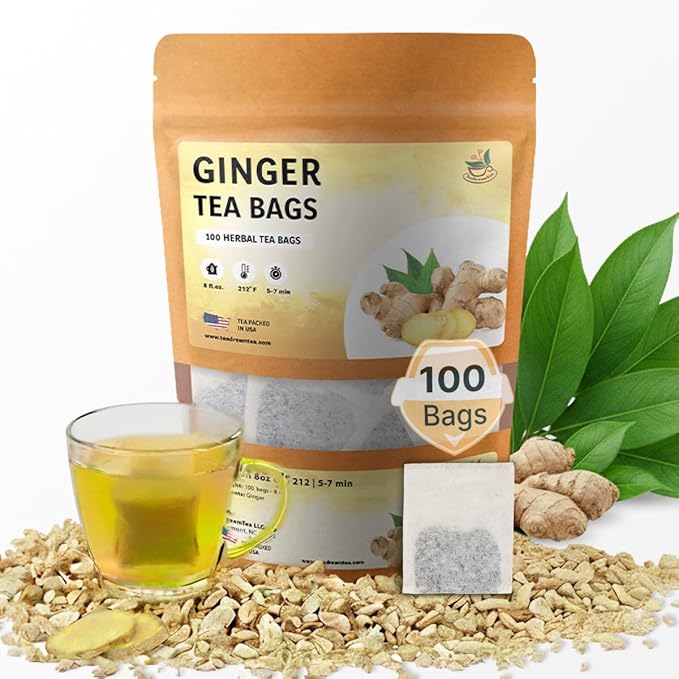 TeaDreamTea Ginger Tea Bags - 100 Bleach-Free Tea Bags | Caffeine Free, Antioxidant, Calms Upset Stomach - Strengthen Immune System - Herbal Ginger Tea