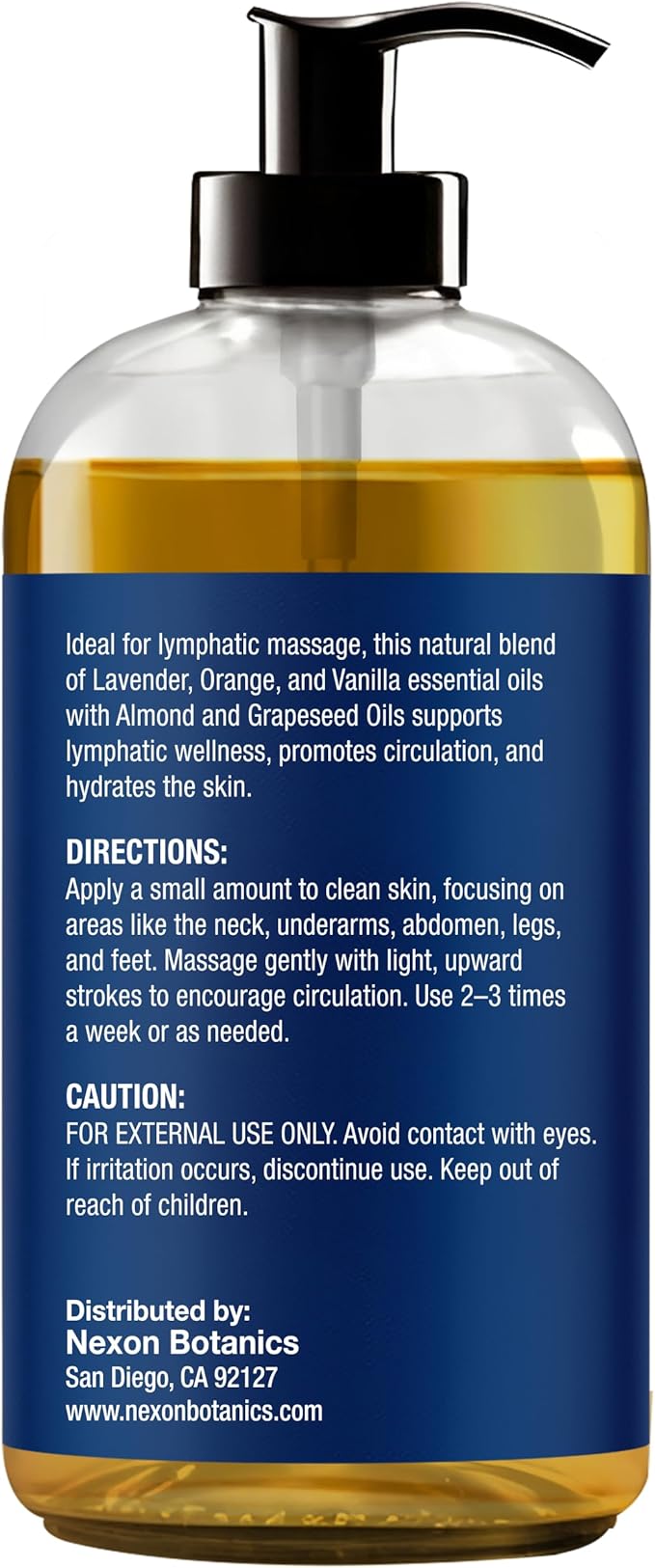 Lymphatic Drainage Massage Oil for Massage Therapy 8 fl oz - Refreshing and Relaxing - Natural Oils with Arnica, Vanilla and Lavender Oil - for Men and Women - Nexon Botanics
