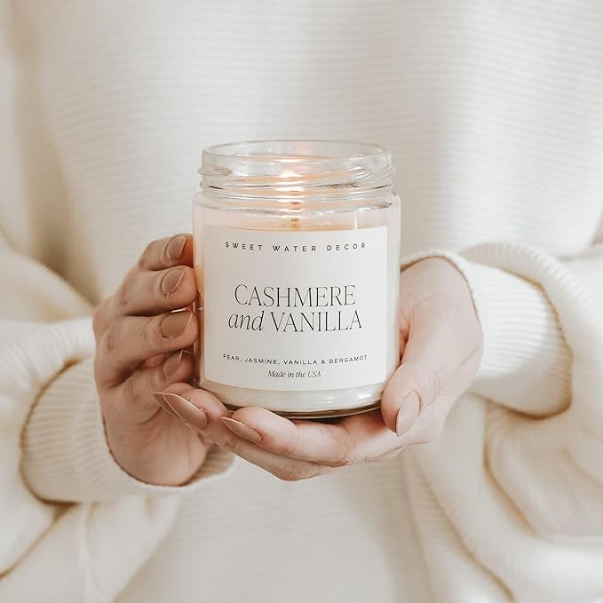 Sweet Water Decor Cashmere and Vanilla Soy Candle - Jasmine, Soft Cashmere, Sandalwood, Vanilla Scented Spring Candle for Home - 9oz Clear Jar with Lid, 40+ Hour Burn Time, Made in The USA