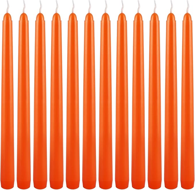 10 Inch Orange Slender Taper Candles Set - 12 Pcs Dripless, Smokeless with Cotton Wick, Ideal for Halloween,Thanksgiving,Dinner, Weddings & Home Decor.