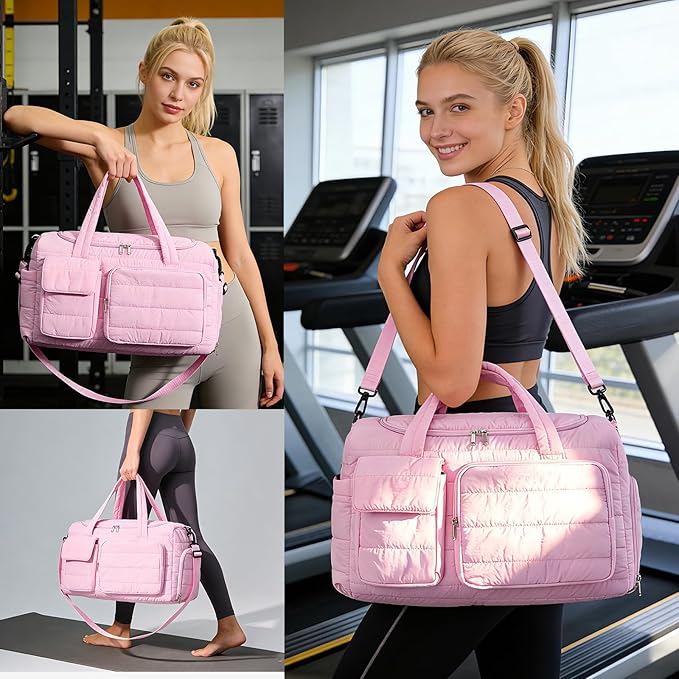 Quilted Gym Bag for Women, Cute Travel Duffel Bag with Shoe Compartment & Wet Pocket, Lightweight Puffer Weekender Overnight Bag, Travel Carry On for Sport, Hospital, Yoga
