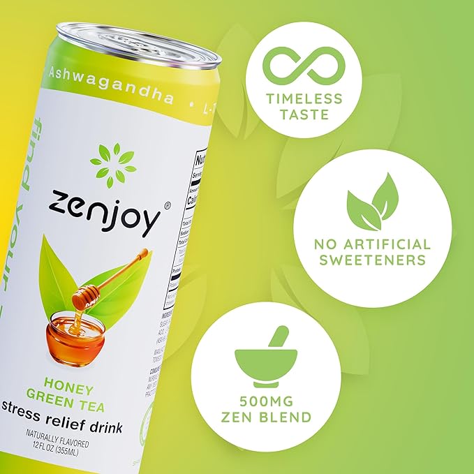 Stress Relief Drink, Calming Green Tea, Non Alcoholic, Ashwagandha & Lemon Balm for Stress Relief, L - Theanine for Focus (12 Pack) (Honey)