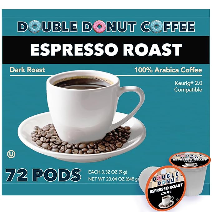 Double Donut Coffee Espresso Roast Coffee Pods, Strong Dark Roast Coffee, Compatible with Keurig K Cups Brewers, 72 Count