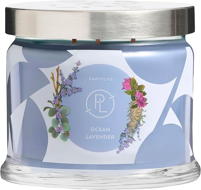 PartyLite Ocean Lavender Scented, Notes of Vanilla Sea Salt, Driftwood, Sea Moss, Patchouli & Eucalyptus, 13.2oz 3-Wick Jar Candle, 45 Hour Burn Time, Luxurious Fragrance, Ideal for Gifting