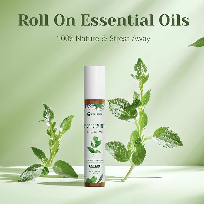 Peppermint Essential Oil Roll On, Natural & Prediluted Oil Blend Roller with Fresh Minty Aroma - Aromatherapy & Headache Relief