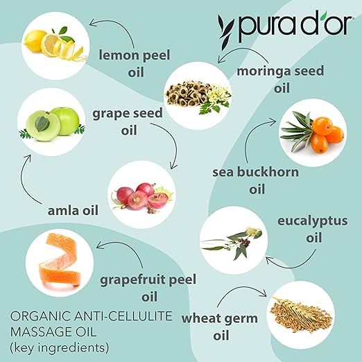 PURA D’OR 16 Oz Organic Anti-Cellulite Massage Oil for Toned Legs and Butt - Lemon Peel, Moringa, Grape Seed, Grapefruit & Eucalyptus Oils - Skin Firming & Tightening