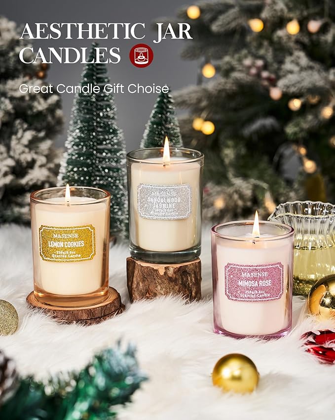 M&SENSE Cinnamon Apple Scented Candles, Christmas Candle 8.8 oz Glitter Jar Candles, Holiday Candles Gifts for Women, Strong Scented Natural Soy Candle for Christmas Home Decor, 50 Hours Long Burning
