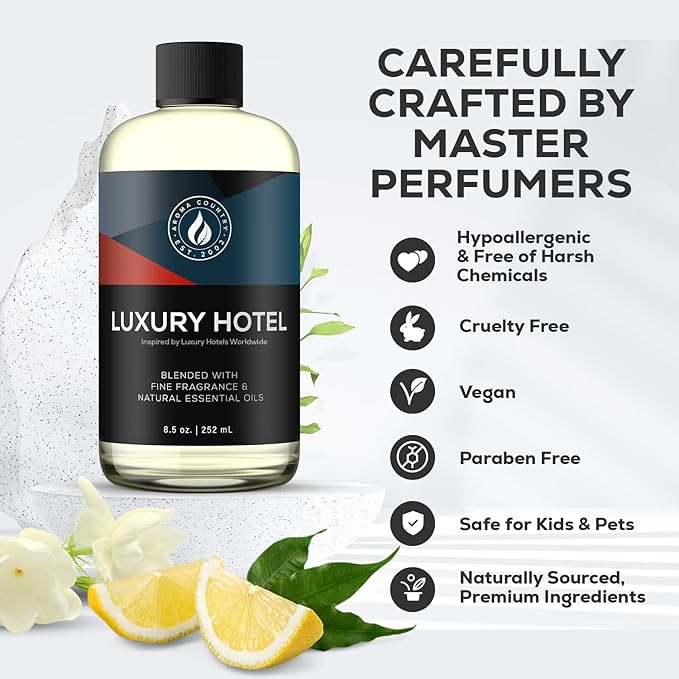 Aroma Country Ritzy Luxury Hotel Diffuser Oil - Luxury Hotel Scent for Diffuser & Air Fresheners - Essential Oil Diffuser Refill, Home Fragrance Collection with Gardenia & Amber (8.5 Fl. Oz)