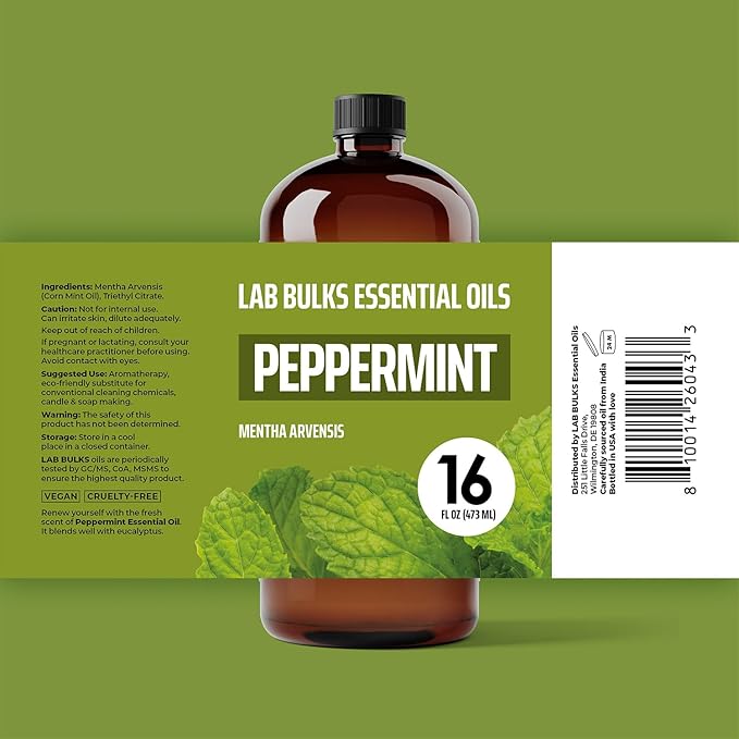 Lab Bulks Essential Oil Peppermint Essential Oil, 16 oz Bottle for Diffusers, House Cleaning, Candles, 1 Pack, Aromatherapy Oil